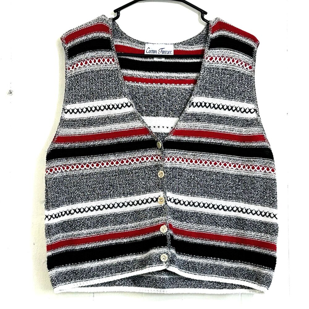 Vintage Cotton Forever Multicolor Knit Sweater Vest Women's Size L Made In USA